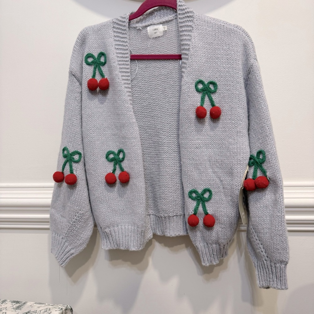 Luna Ivy Women's Pink Cardigan Sweater Cherry Embellishments Open Front - Picture 3 of 6